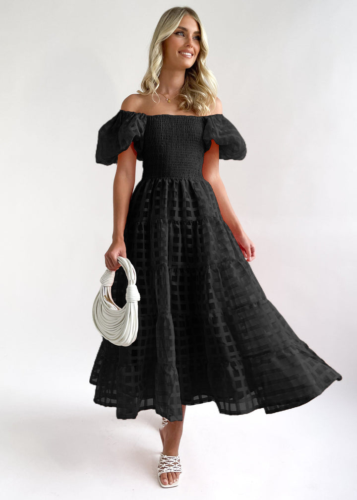 Damen Luftiges Maxikleid mit schwingendem Rock und voluminösen Puffärmeln Drune