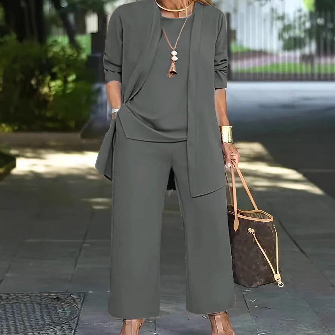 Damen elegante Zweiteiler-Set mit locker fallender Jacke und bequemen Hosen Drune