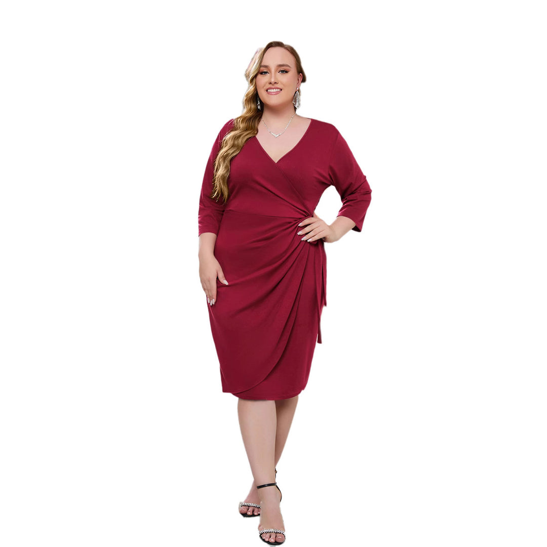 Damen Elegantes Wickelkleid mit tailliertem Design und dreiviertel Ärmeln Drune