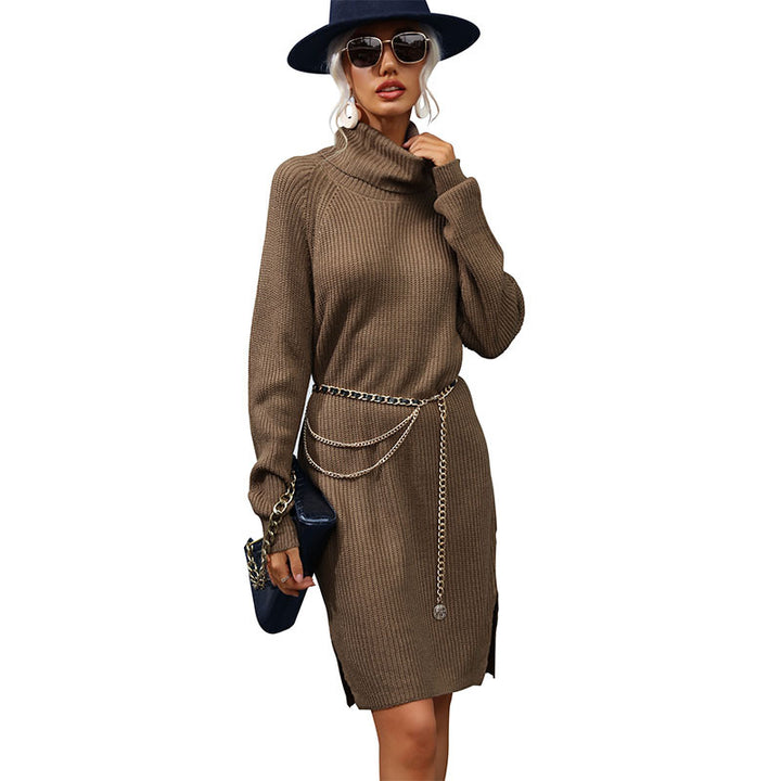 Damen Strickkleid mit hohem Kragen und modischem Kettenbund Drune
