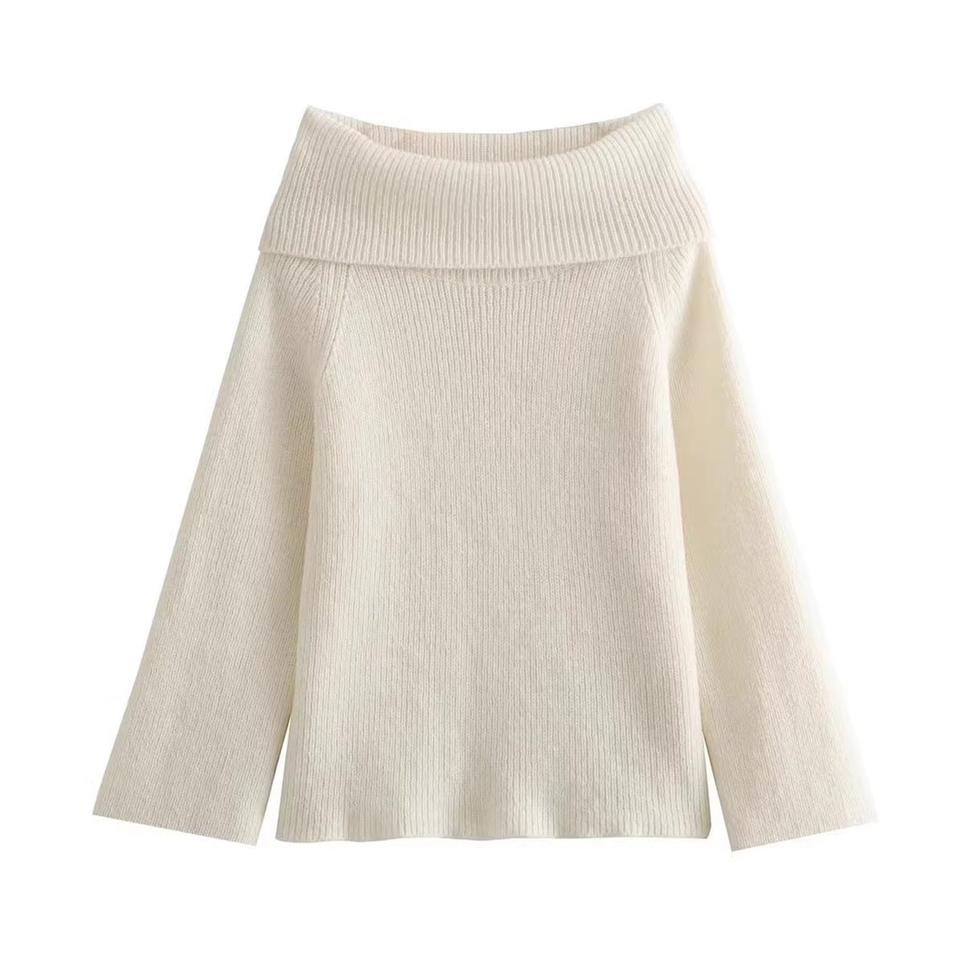 Damen eleganter, hochgeschlossener Strickpullover mit weitem Kragen Drune