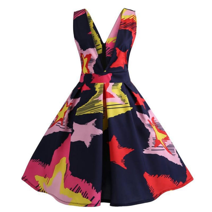 Damen A-Linien Kleid mit tiefem V-Ausschnitt und grafischem Sternmuster Drune