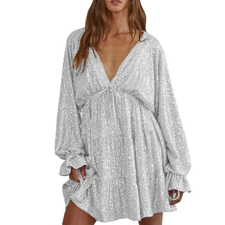 Damen Funkelndes Festkleid mit V-Ausschnitt und Rüschendetails Drune