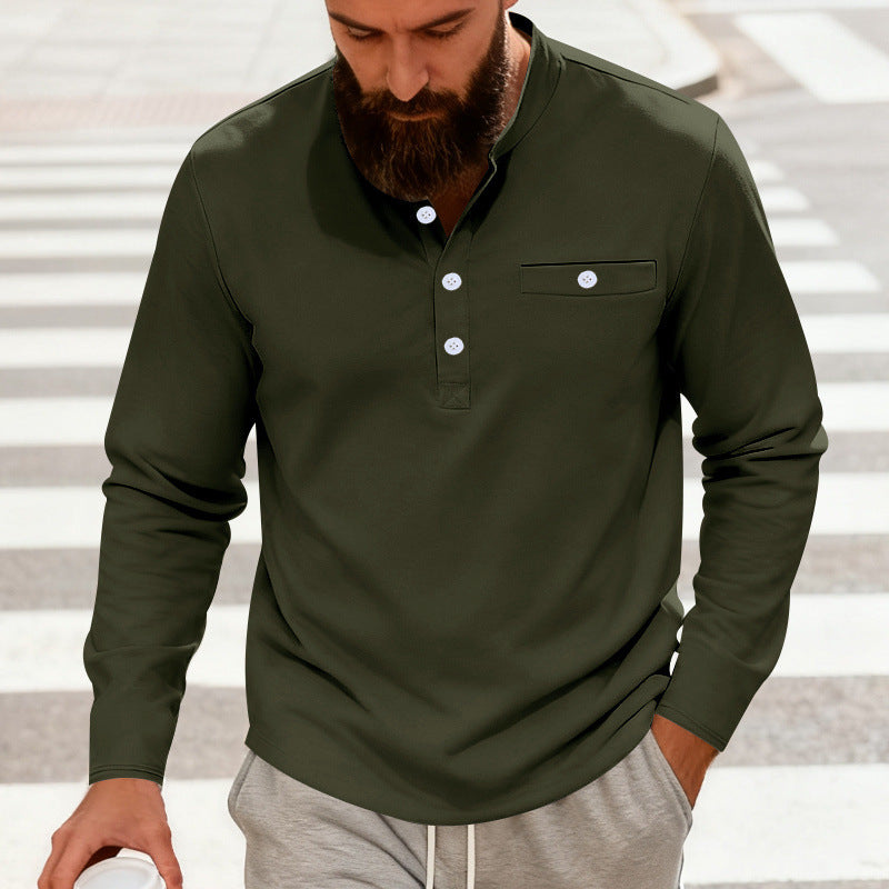 Herren nan lässiges Langarm-Henleyshirt aus Baumwollmischung mit Brusttasche Drune