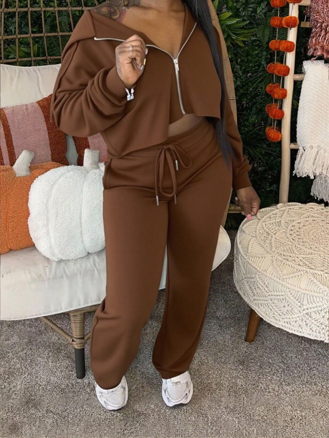 Damen lässiges Set mit cropped Zip-Pullover und bequemen Jogginghosen Drune