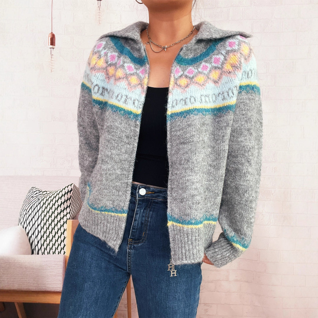 Damen Strickjacke mit buntem Muster und hochwertigem Reißverschluss Drune