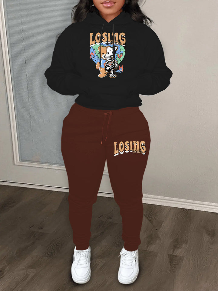 Damen Hoodie und Jogginghose Set mit kreativem Bärenmotiv und modernem Schnitt Drune