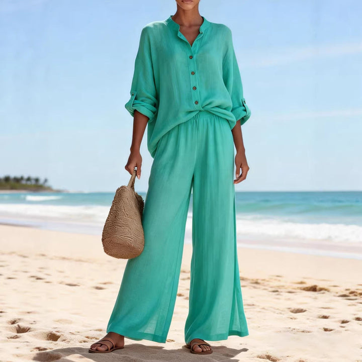 Damen Luftige Leinenbluse und weite Hose Drune