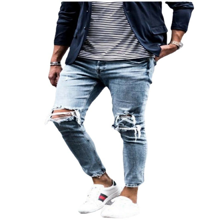 Herren Zerrissene Denim Slim-Fit Jeans mit modischen Waschungen Drune