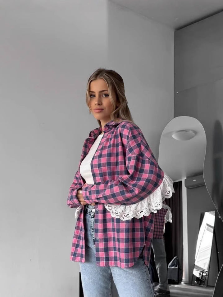 Damen Oversize Karoshirt mit romantischem Spitzenbesatz Drune