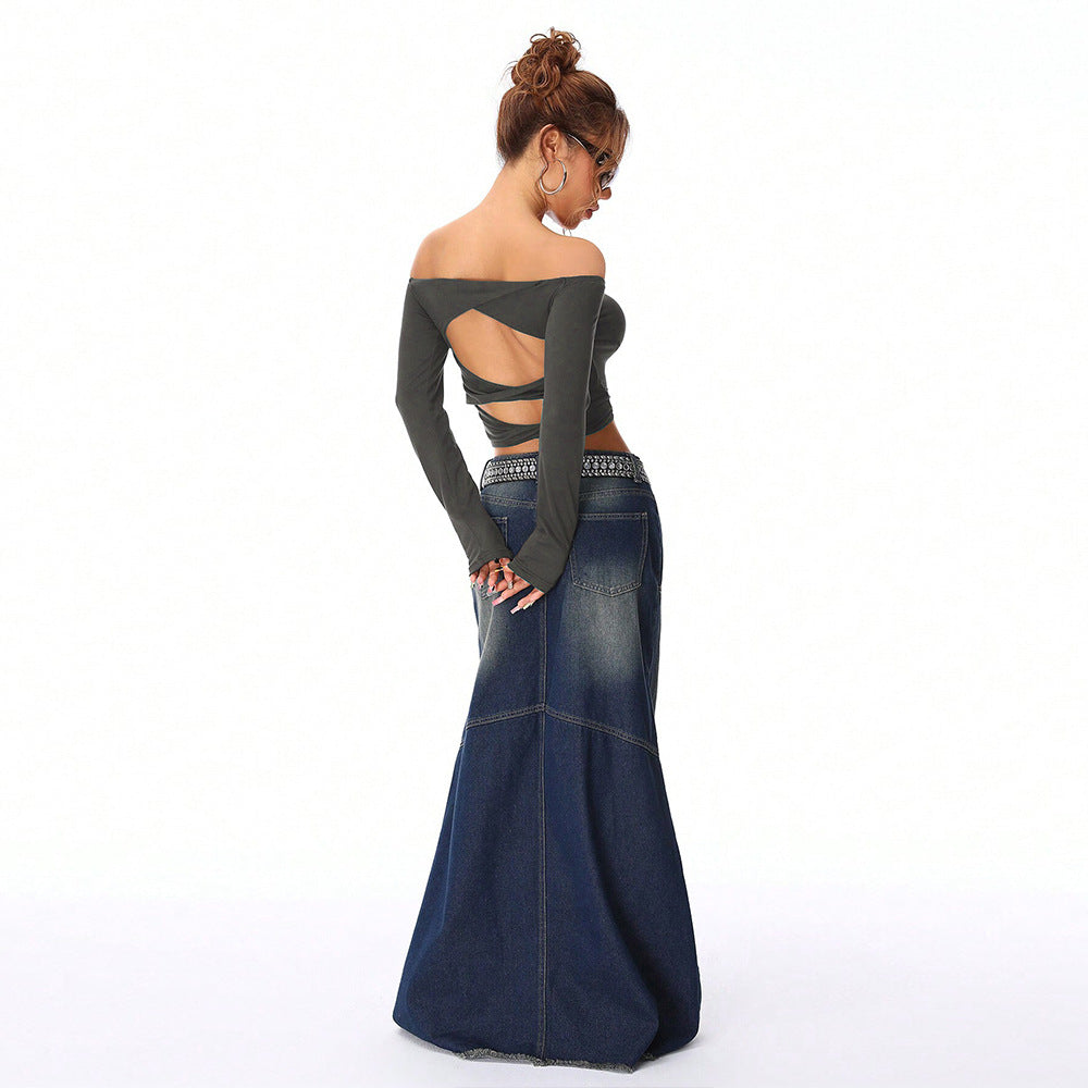 Damen Off-Shoulder Crop-Top mit langen Ärmeln und figurbetonter Passform Drune
