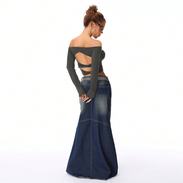 Damen Off-Shoulder Crop-Top mit langen Ärmeln und figurbetonter Passform Drune
