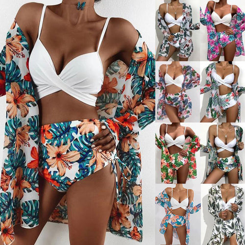 Damen Bikiniset mit floralem Kimono und hoch taillierter Hose Drune