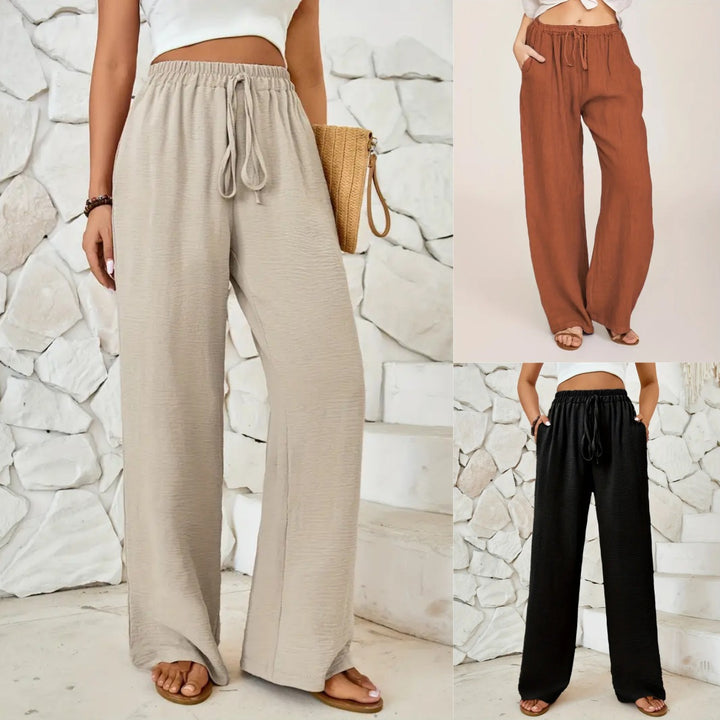 Damen Weite Leinenhose mit elastischem Taillenbund und seitlichen Eingrifftaschen Drune