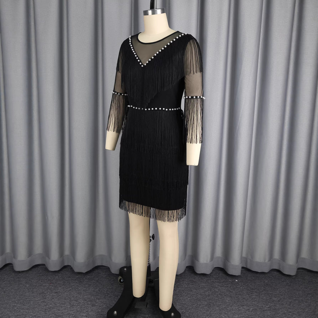 Damen Fransenkleid mit transparenten Ärmeln und Perlenakzenten Drune