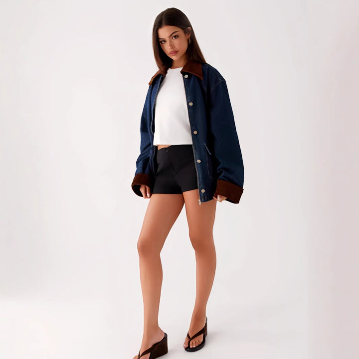 Damen Denimjacke mit Kapuze und kontrastierenden Ärmeln Drune