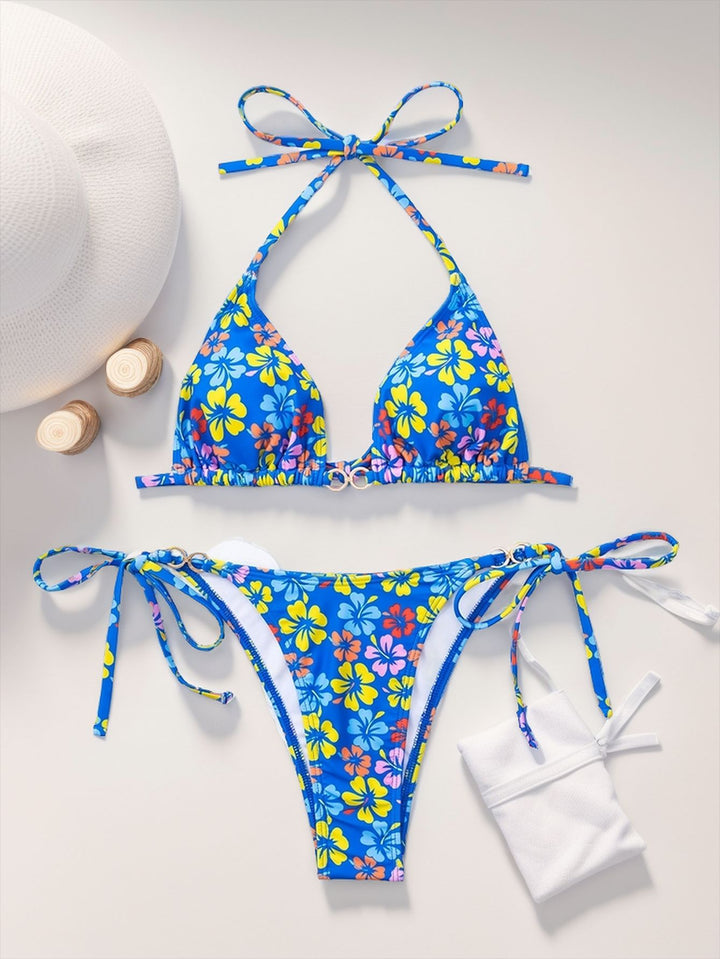 Damen Triangel-Bikini mit raffinierten Bindebändern und farbenfrohem Blumenmuster Drune