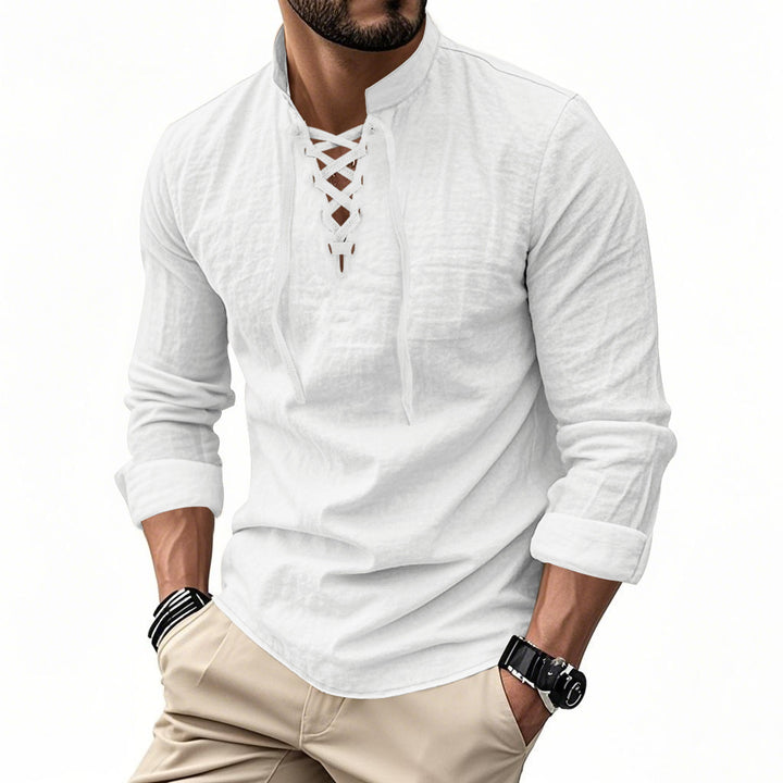 Herren nan Leinenoptik Langarmshirt mit Schnürung V-Ausschnitt und Stehkragen Drune