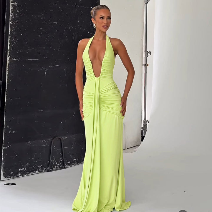Damen Elegantes Maxi-Kleid mit tiefem V-Ausschnitt und Rüschendetails Drune