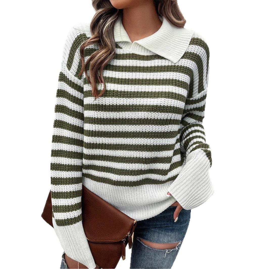 Damen nan gestreifter Polokragen-Strickpullover mit weitem Saum und ausgestellten Bündchen Drune