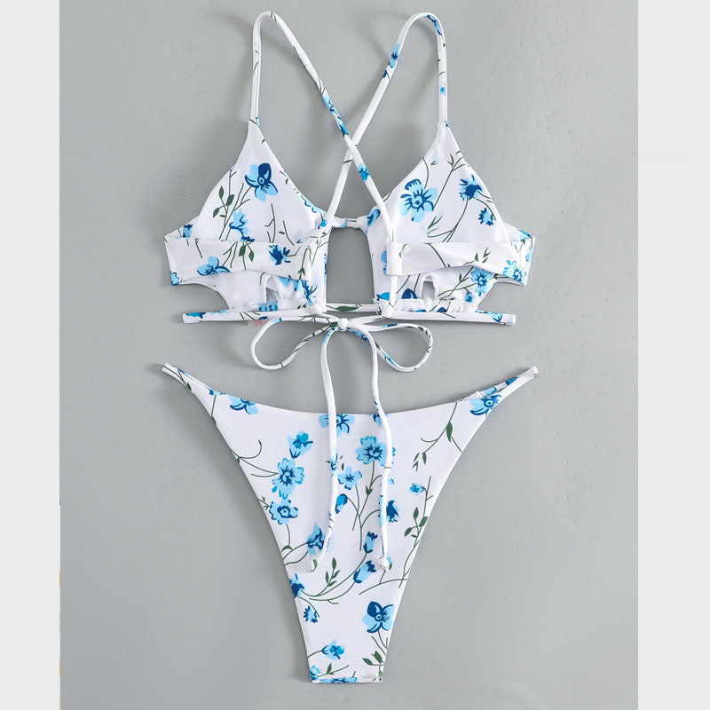 Damen Triangel-Bikini mit versetzten Trägern und floralem Muster Drune
