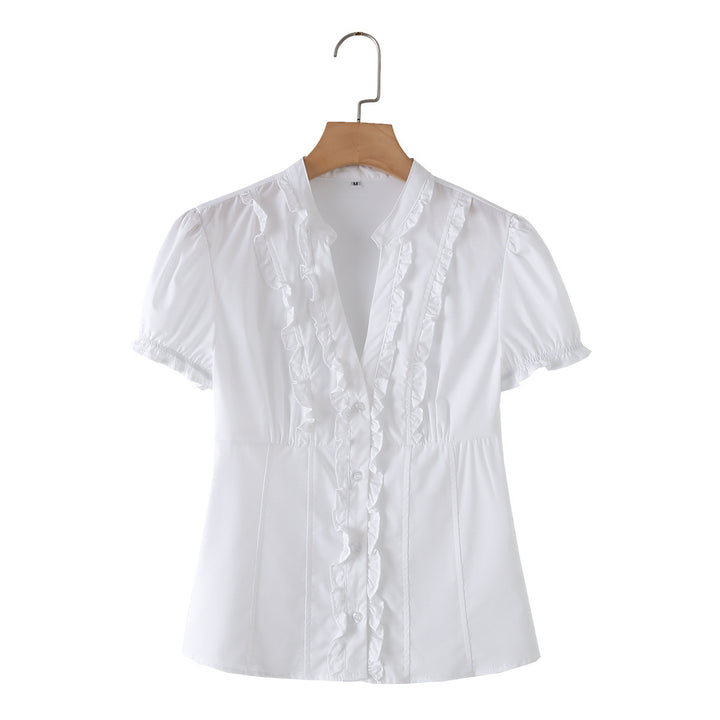 Damen Rüschenshirt mit elegantem V-Ausschnitt und taillierter Passform Drune