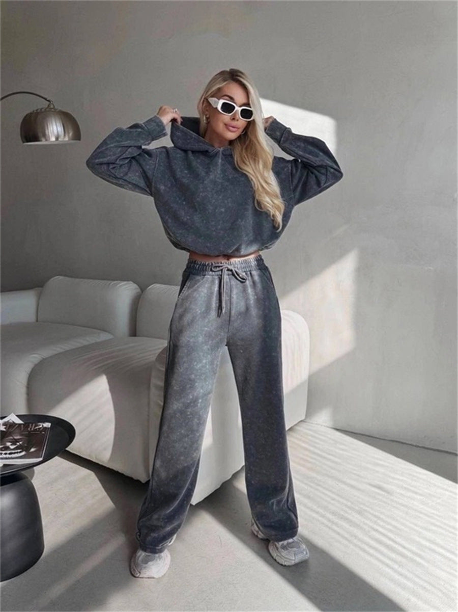 Damen lässiges Hoodie-Set mit weit geschnittenen Hosen und elastischem Bund Drune