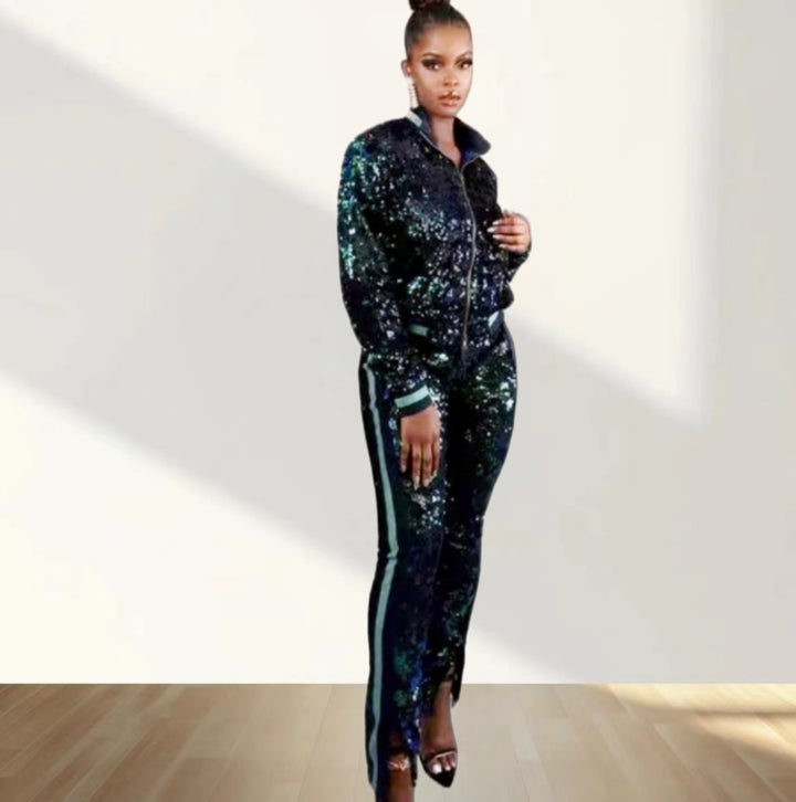 Damen Glitzerndes Sportanzug-Set mit trendigen Streifen Drune