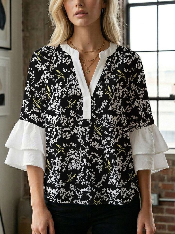 Damen Blusenshirt mit voluminösen Ärmeln und kreativem Druckdesign Drune