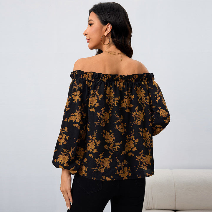 Damen Off-Shoulder Bluse mit floralen Mustern und elastischen Ärmeln Drune