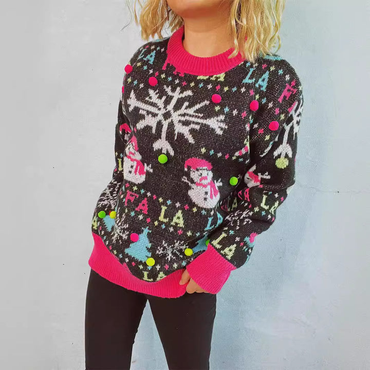 Damen festlicher Pullover mit bunten 3D-Applikationen und motivischem Design Drune