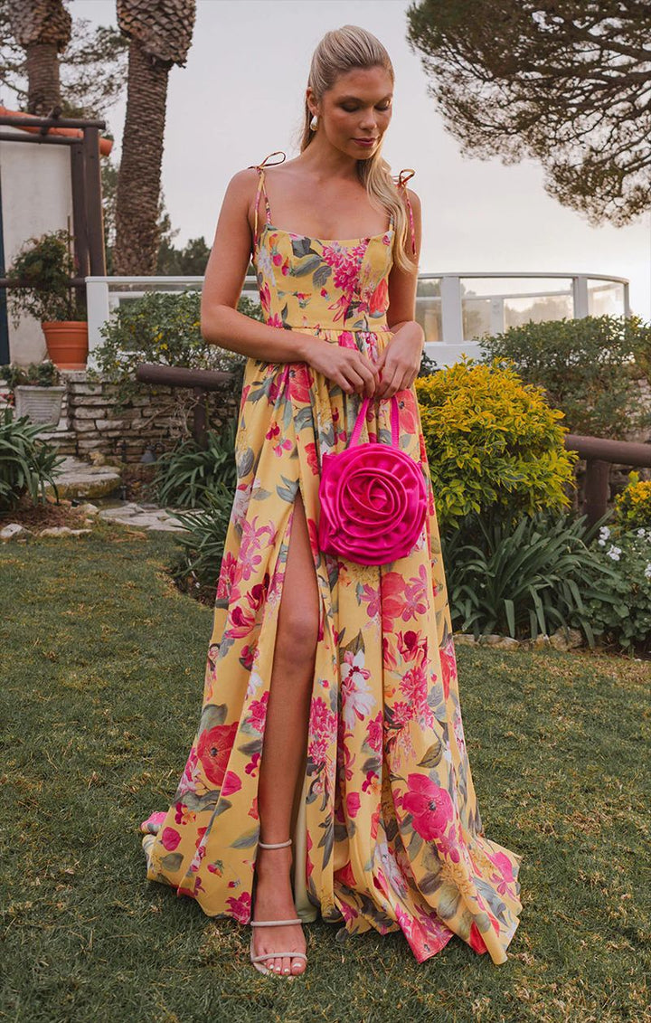 Damen Maxi-Langarmkleid mit floralem Muster und Rüschendetails Drune