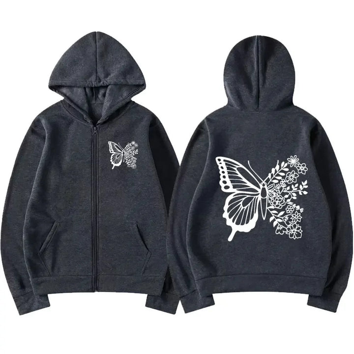 Damen Kapuzenpullover mit floralem Schmetterlingsmotiv und praktischer Kängurutasche Drune