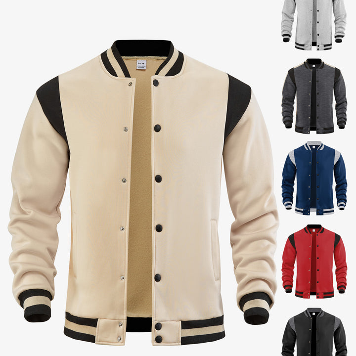 Herren nan legere Baseballjacke in Sweatqualität mit Druckknopfleiste geripptem Kragen und kontrastierendem Schulterbesatz Drune