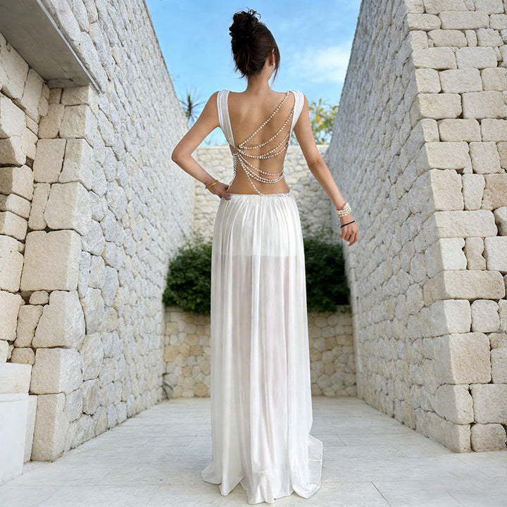 Damen Luxuriöses Chiffon-Maxikleid mit raffinierten Kettendetails und innovativem Schnitt Drune
