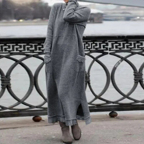 Damen nan langes Strickmaxikleid mit Seitenschlitzen und aufgesetzten Taschen Drune