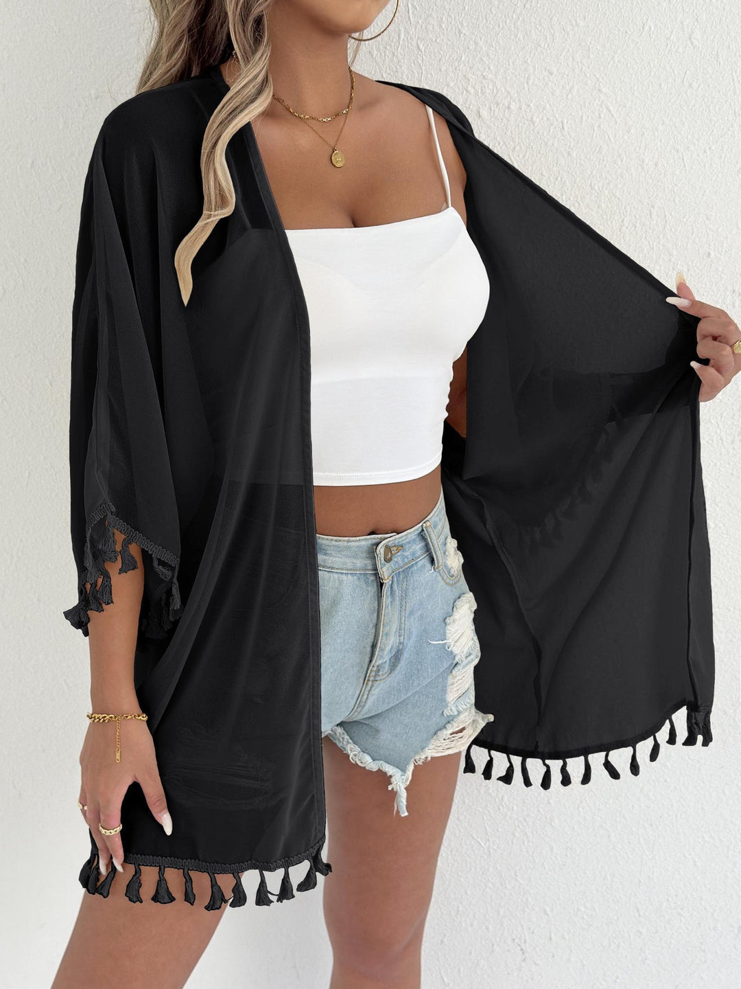 Damen eleganter Strandponcho mit Quasten Drune
