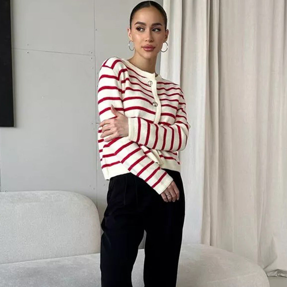 Damen gestreifter Strickcardigan mit Knopfdetail und gemütlichem Schnitt Drune