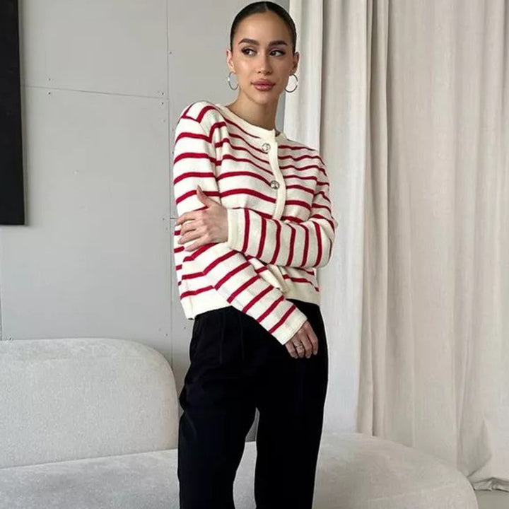 Damen gestreifter Strickcardigan mit Knopfdetail und gemütlichem Schnitt Drune