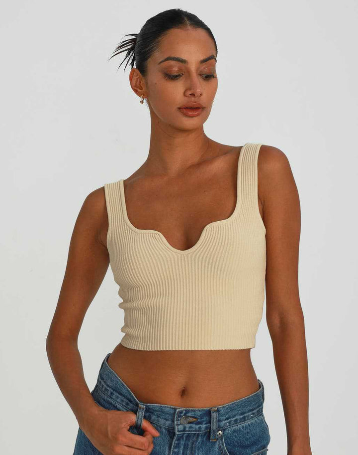Damen Crop-Top mit Wellen-Ausschnitt und feiner Rippstruktur Drune