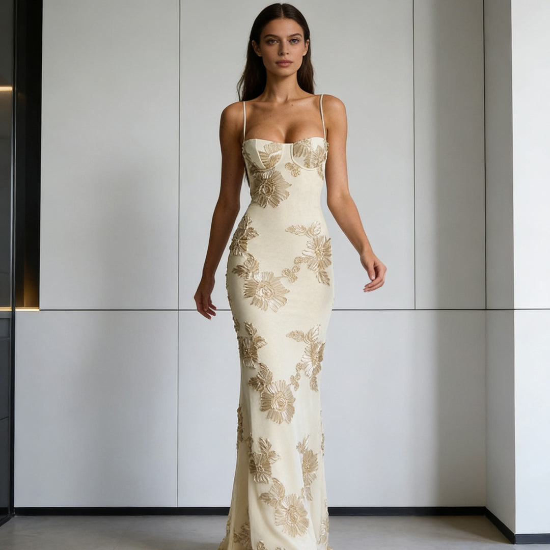 Damen Elegantes Figurbetontes Abendkleid mit floralen Stickereien Drune