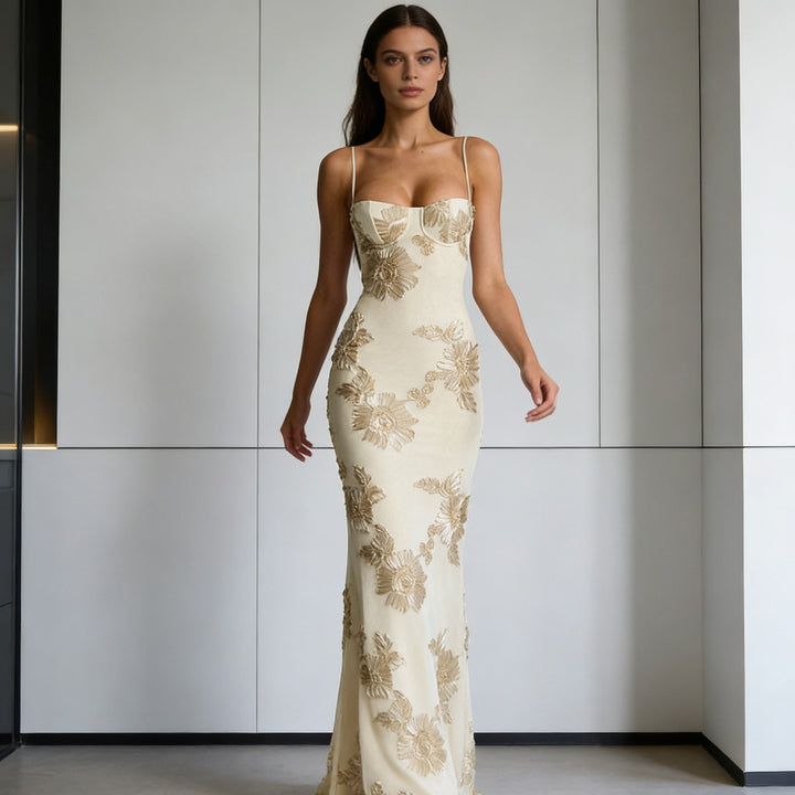 Damen Elegantes Figurbetontes Abendkleid mit floralen Stickereien Drune
