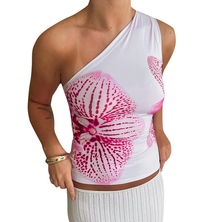 Damen asymmetrisches Trägershirt mit floraler Druckgestaltung Drune
