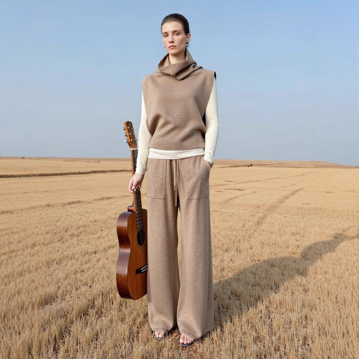 Damen Modischer Strickpullover mit hohem Kragen und weiten Hosen Drune