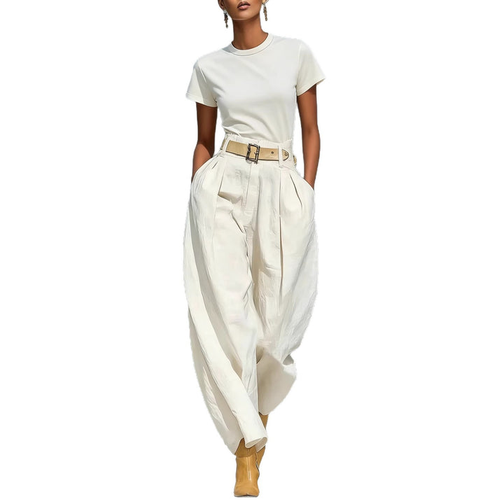 Damen Elegante Bundfaltenhose mit lockerer Passform und verstellbarem Gürtel Drune