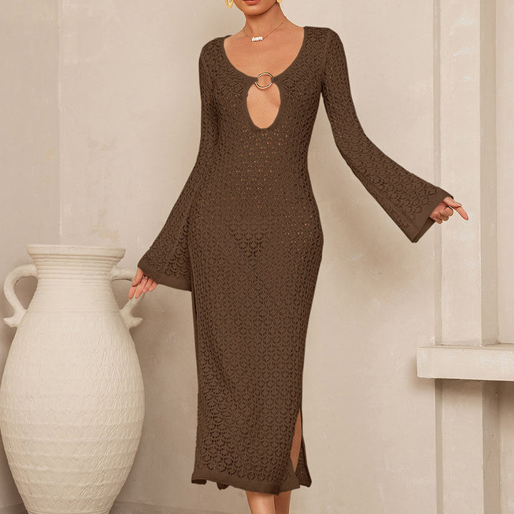 Damen Häkel-Maxikleid mit tiefem Ausschnitt und weit ausgestellten Ärmeln Drune