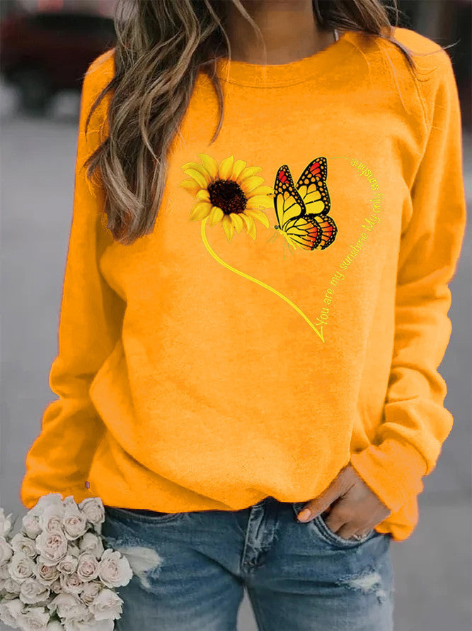 Damen Sweatshirt mit grafischem Schmetterlings- und Sonnenblumenmotiv Drune