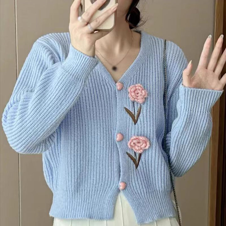 Damen Strickjacke mit floralen Applikationen Drune
