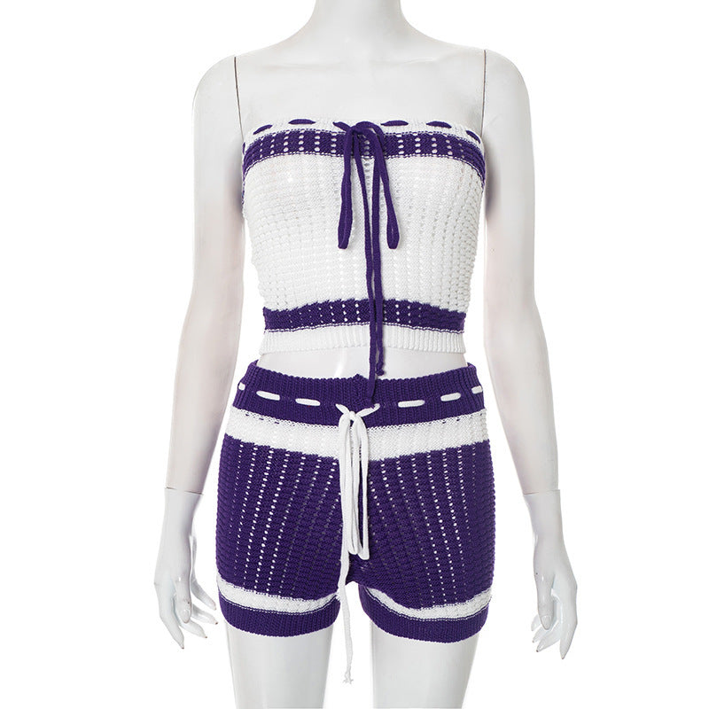 Damen Knitted Bandeau Set mit Shorts und verstellbarem Kordelzug Drune