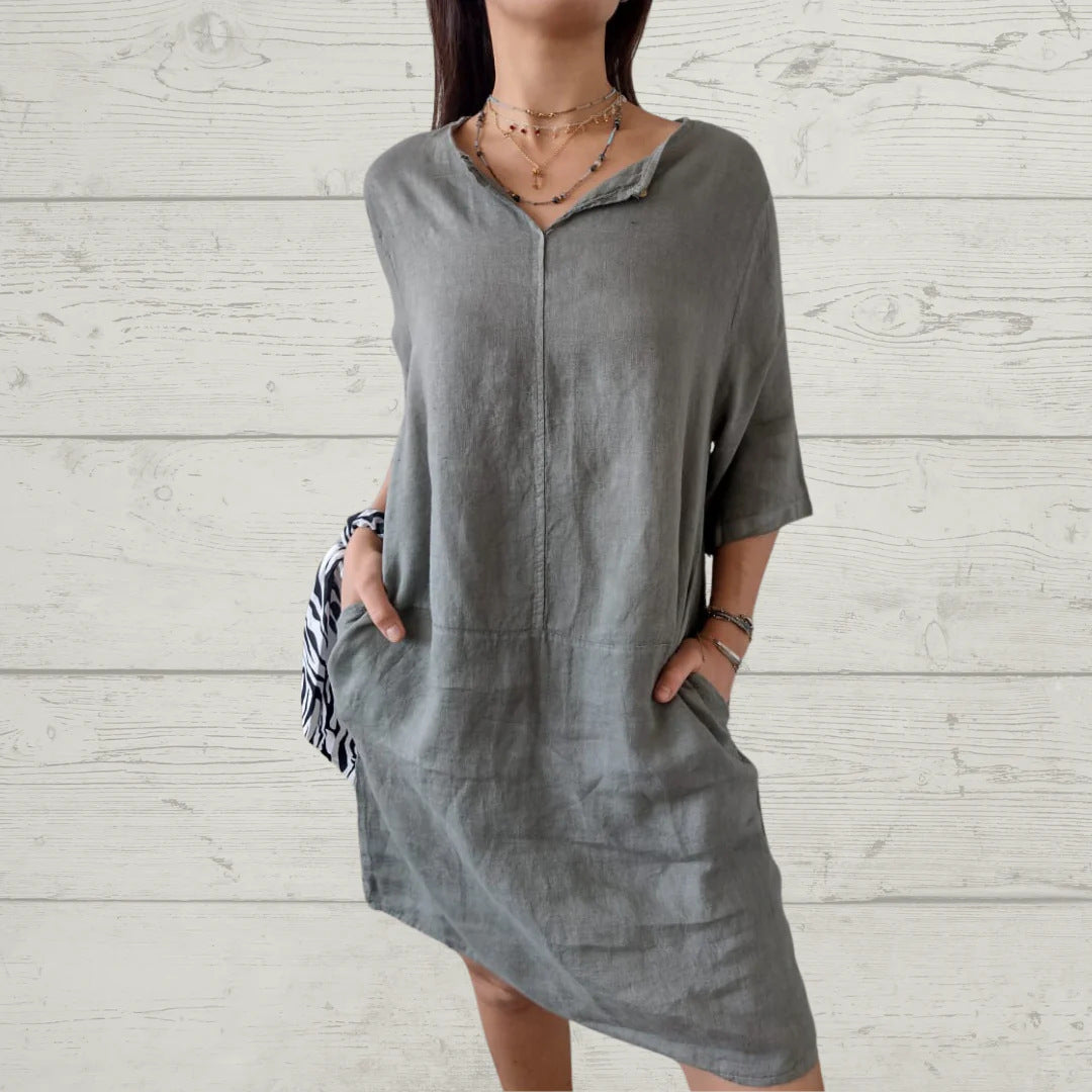 Damen Leichtes Leinenkleid mit vorderem Knopfdetail und seitlichen Taschen Drune